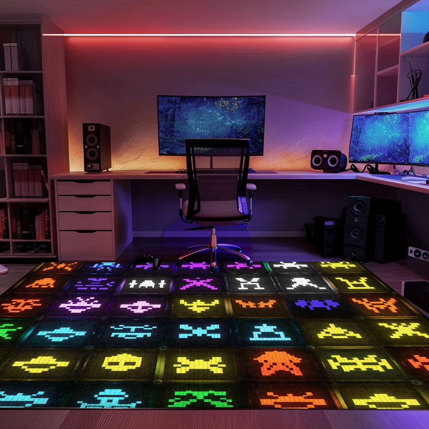 Dark and Neon 80s Arcade Carpet with Space Invaders: Create a Gaming Haven in Your Bedroom or Living Room, Arcade Decor, Gift for Gamers, Video Game Lovers G129