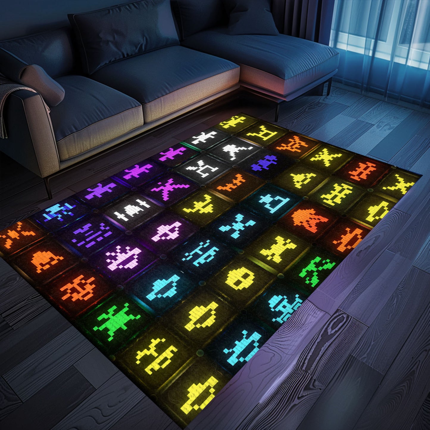 Dark and Neon 80s Arcade Carpet with Space Invaders: Create a Gaming Haven in Your Bedroom or Living Room, Arcade Decor, Gift for Gamers, Video Game Lovers G129