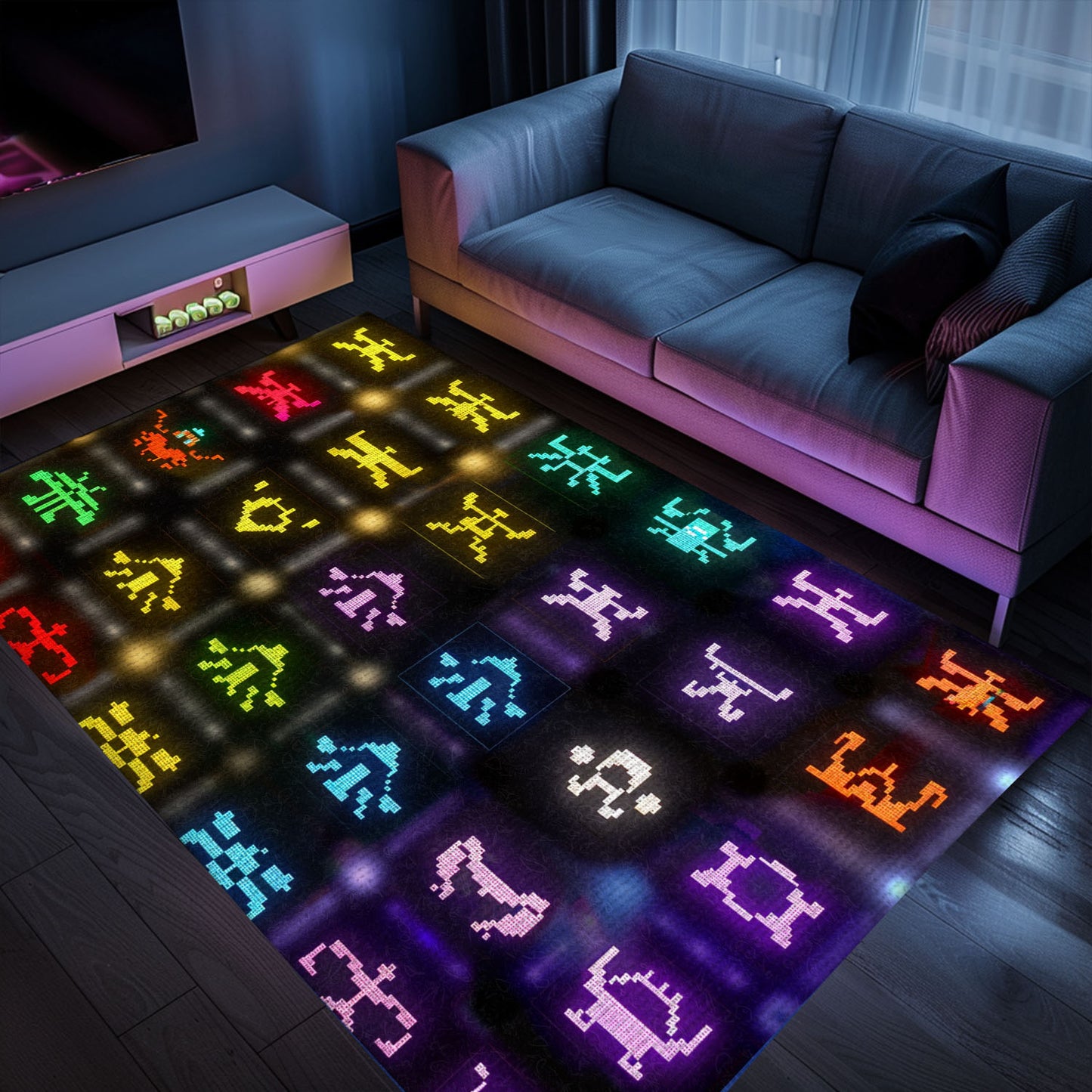 Retro Dark and Neon 80s Arcade Carpet with Space Invaders: Great Gift for Retro Gaming Fans, Arcade Decor, Gift for Gamers, Video Game Lovers G128