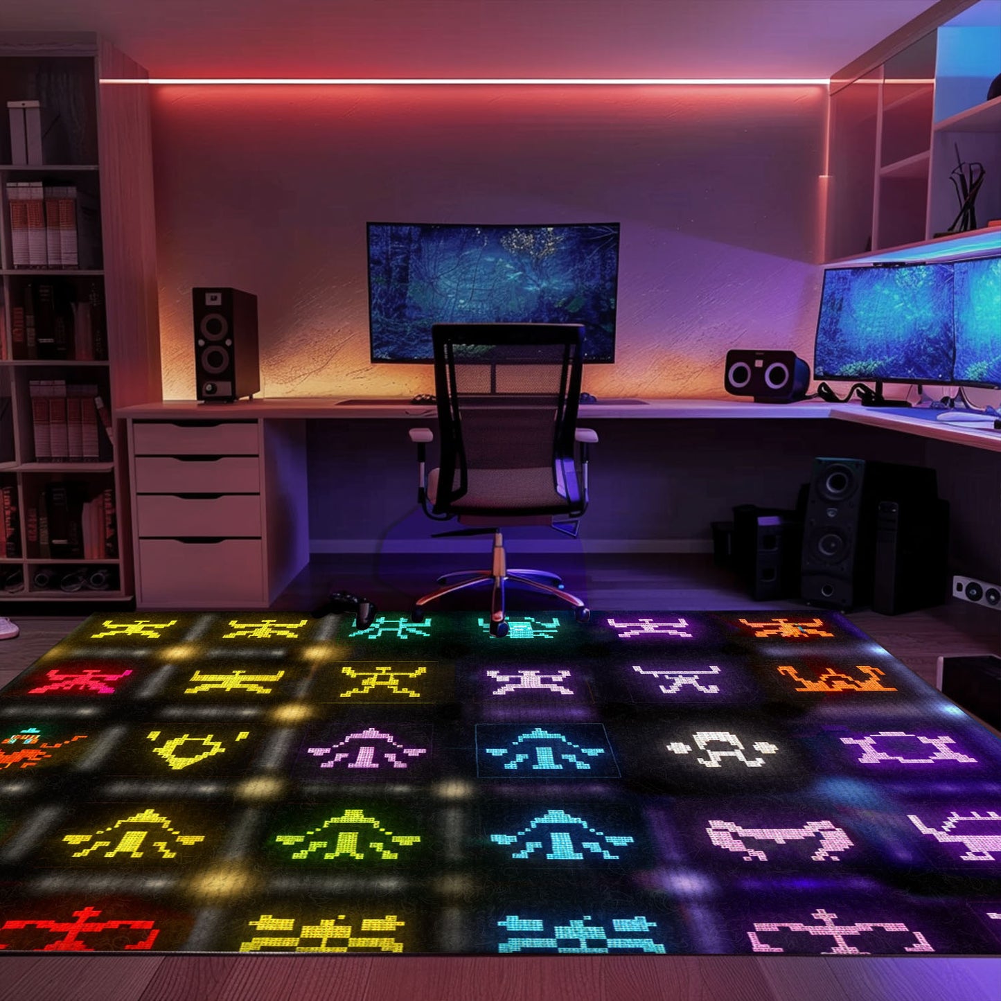 Retro Dark and Neon 80s Arcade Carpet with Space Invaders: Great Gift for Retro Gaming Fans, Arcade Decor, Gift for Gamers, Video Game Lovers G128