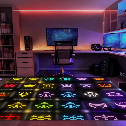 Retro Dark and Neon 80s Arcade Carpet with Space Invaders: Great Gift for Retro Gaming Fans, Arcade Decor, Gift for Gamers, Video Game Lovers G128