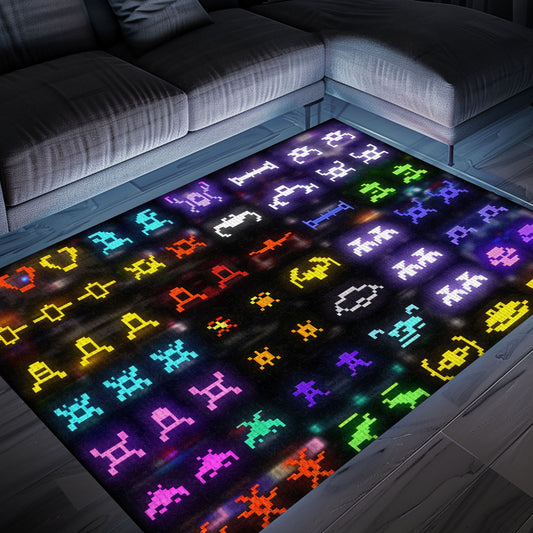 Colorful Dark and Neon 80s Arcade Rugs with Space Invaders: Elevate Your Space with Arcade Nostalgia, Arcade Decor, Gift for Gamers, Video Game Lovers G127