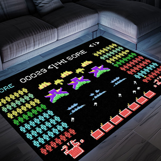Dark and Neon 80s Arcade Carpet with Space Invaders: Ideal Decor for Video Game Enthusiasts, Arcade Decor, Gift for Gamers, Video Game Lovers G126