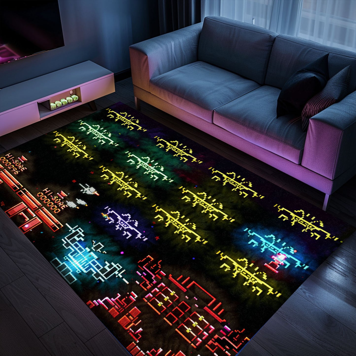 Eye-Catching Dark and Neon 80s Arcade Carpet with Space Invaders: Add Arcade Vibes to Your Home Decor, Arcade Decor, Gift for Gamers, Video Game Lovers G124