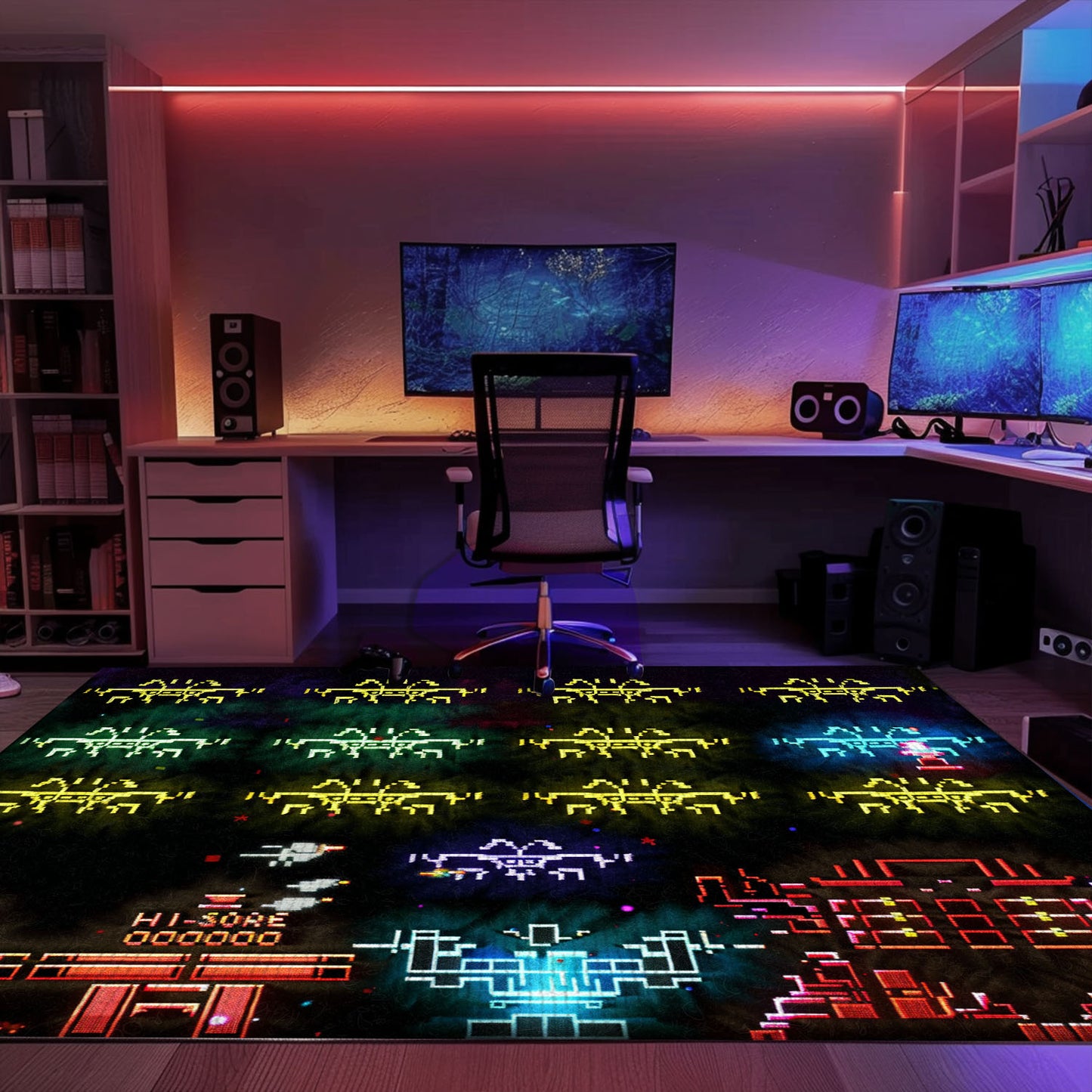 Eye-Catching Dark and Neon 80s Arcade Carpet with Space Invaders: Add Arcade Vibes to Your Home Decor, Arcade Decor, Gift for Gamers, Video Game Lovers G124