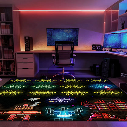 Eye-Catching Dark and Neon 80s Arcade Carpet with Space Invaders: Add Arcade Vibes to Your Home Decor, Arcade Decor, Gift for Gamers, Video Game Lovers G124