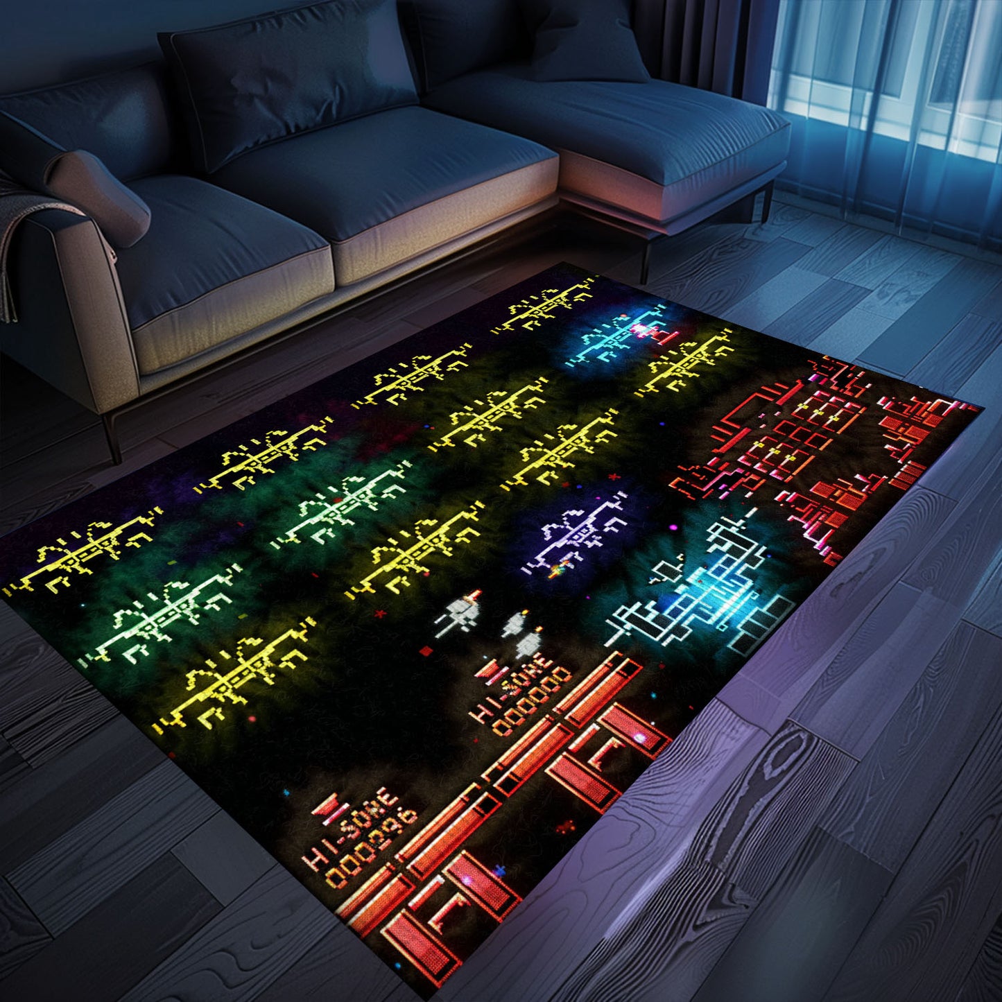 Eye-Catching Dark and Neon 80s Arcade Carpet with Space Invaders: Add Arcade Vibes to Your Home Decor, Arcade Decor, Gift for Gamers, Video Game Lovers G124