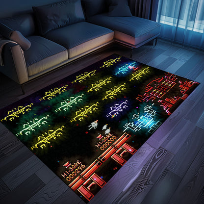 Eye-Catching Dark and Neon 80s Arcade Carpet with Space Invaders: Add Arcade Vibes to Your Home Decor, Arcade Decor, Gift for Gamers, Video Game Lovers G124