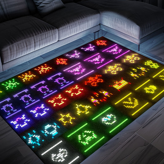 Dark and Neon 80s Arcade Carpet with Space Invaders: Perfect Addition to Your Gaming Setup, Arcade Decor, Gift for Gamers, Video Game Lovers G125