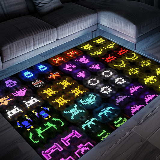 Dark and Neon 80s Arcade Carpet with Space Invaders: Ideal Gift for Gamers and Arcade Enthusiasts, Arcade Decor, Gift for Gamers, Video Game Lovers G122