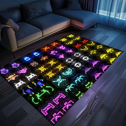 Dark and Neon 80s Arcade Carpet with Space Invaders: Ideal Gift for Gamers and Arcade Enthusiasts, Arcade Decor, Gift for Gamers, Video Game Lovers G122