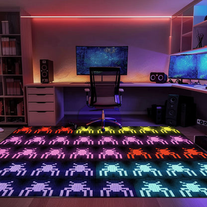 Dark and Neon 80s Arcade Carpet with Space Invaders: Perfect Retro Decor for Living Room and Bedroom, Arcade Decor, Gift for Gamers, Video Game Lovers G121