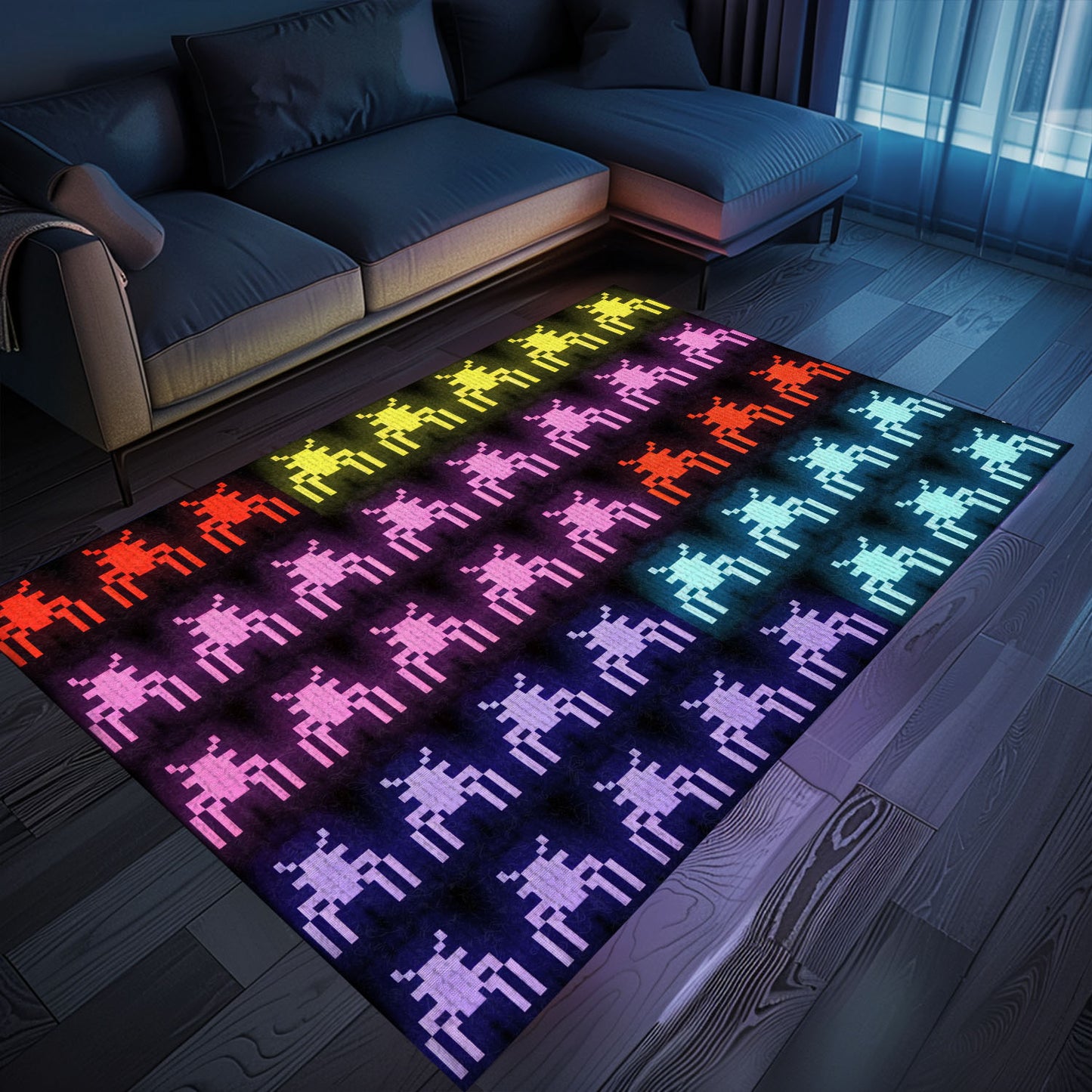 Dark and Neon 80s Arcade Carpet with Space Invaders: Perfect Retro Decor for Living Room and Bedroom, Arcade Decor, Gift for Gamers, Video Game Lovers G121