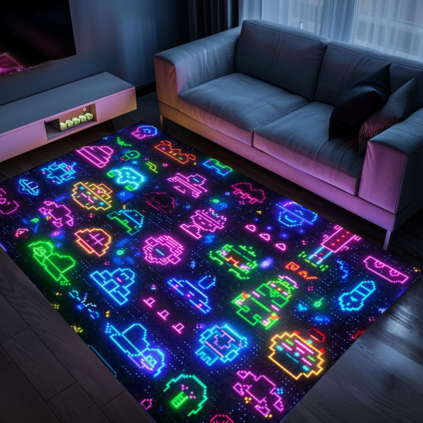 Dark and Neon 80s Arcade NES Game 8bit Rugs: Redefining Home Entertainment, Arcade Decor, Gift for Gamers, Video Game Lovers G293