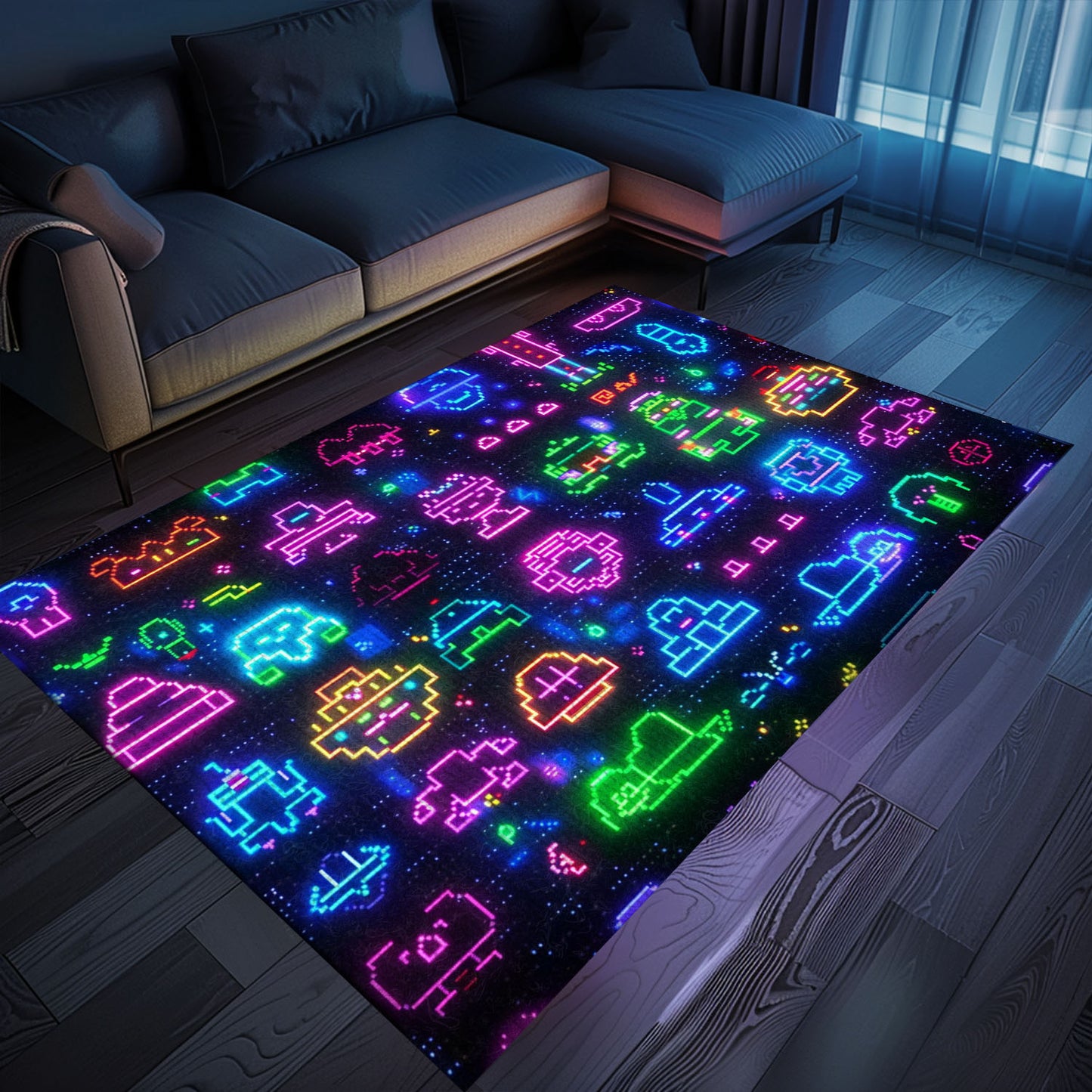 Dark and Neon 80s Arcade NES Game 8bit Rugs: Redefining Home Entertainment, Arcade Decor, Gift for Gamers, Video Game Lovers G293