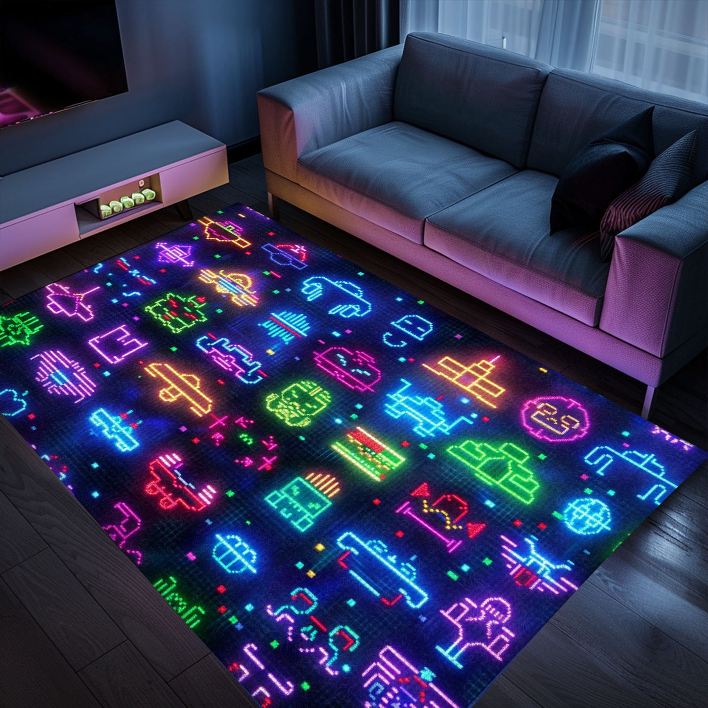 Dark and Neon 80s Arcade NES Game 8bit Rugs for Your Gaming Experience, Arcade Decor, Gift for Gamers, Video Game Lovers G292