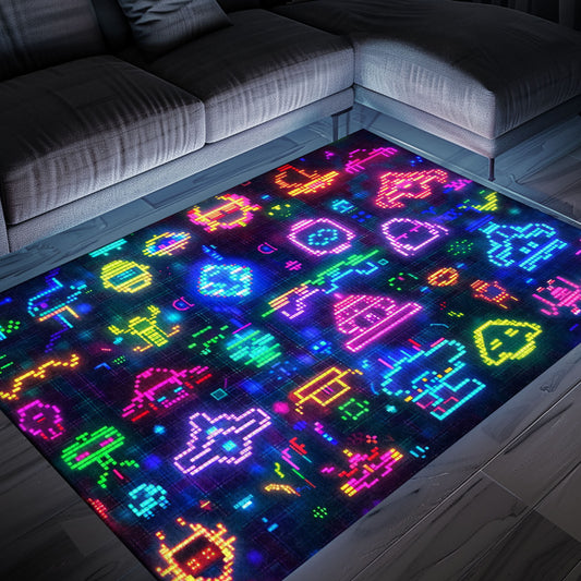 Dive into Retro Gaming Bliss with Dark and Neon 80s Arcade NES Game 8bit Rugs, Arcade Decor, Gift for Gamers, Video Game Lovers G291