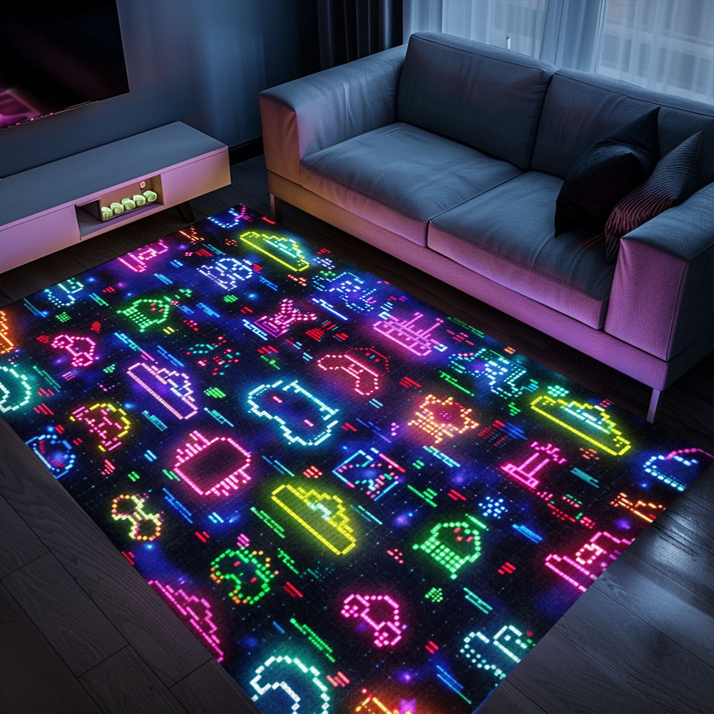 Spruce Up Your Gaming Den with Dark and Neon 80s Arcade NES Game 8bit Rugs for Boys, Arcade Decor, Gift for Gamers, Video Game Lovers G290