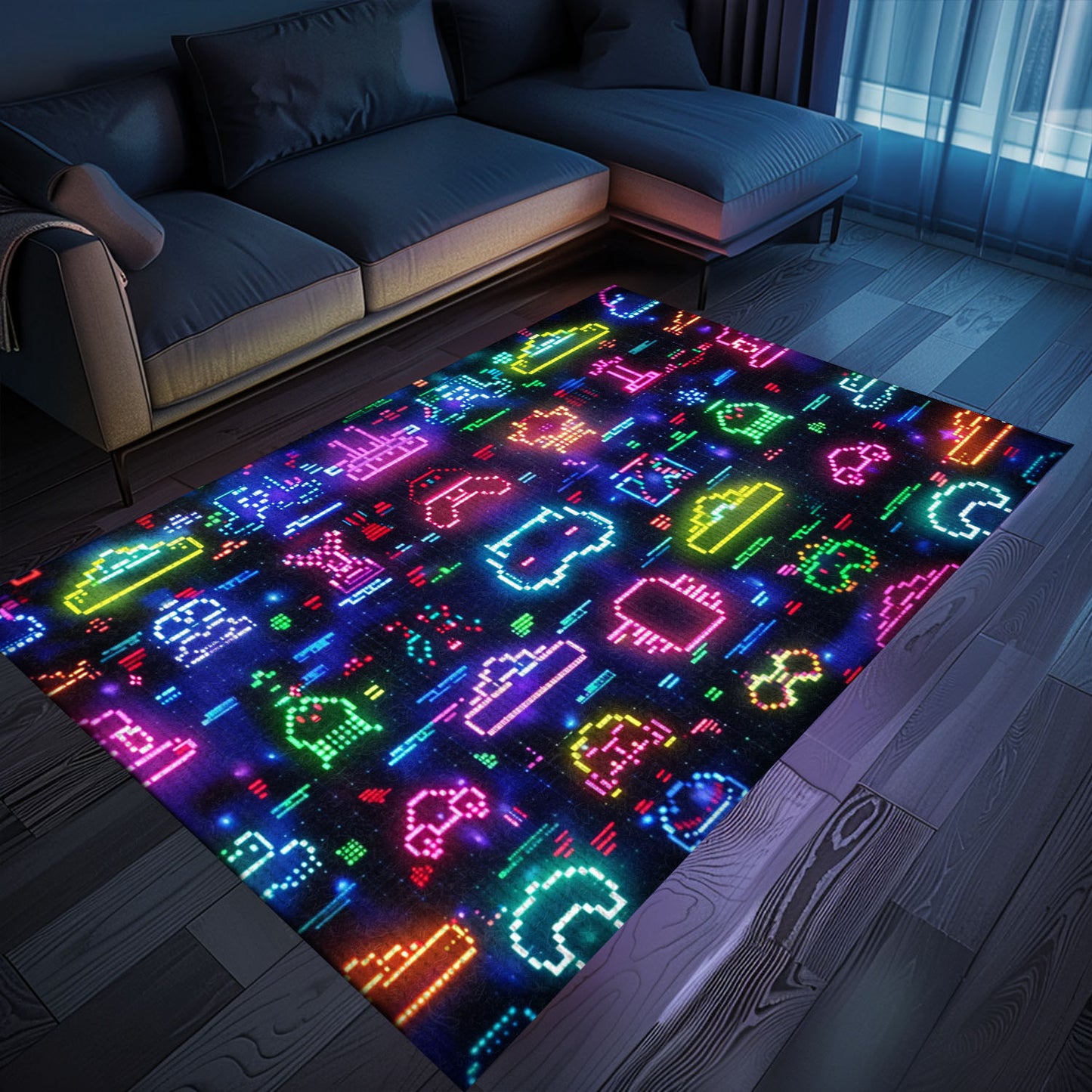 Spruce Up Your Gaming Den with Dark and Neon 80s Arcade NES Game 8bit Rugs for Boys, Arcade Decor, Gift for Gamers, Video Game Lovers G290