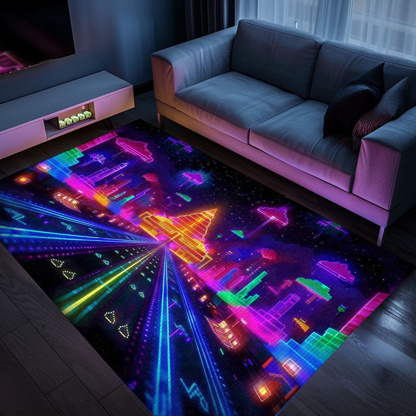 Dark and Neon 80s Arcade NES Game 8bit Rugs: The Perfect Gift for Gamers, Arcade Decor, Gift for Gamers, Video Game Lovers G284