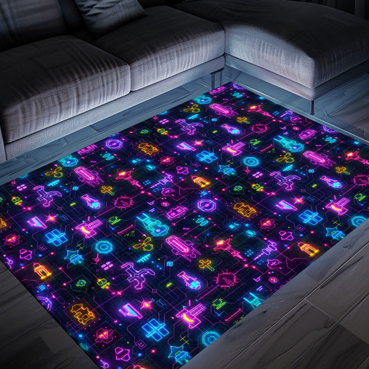 Step Into the World of Classic Gaming with Dark and Neon 80s Arcade NES Game 8bit Rugs, Arcade Decor, Gift for Gamers, Video Game Lovers G289