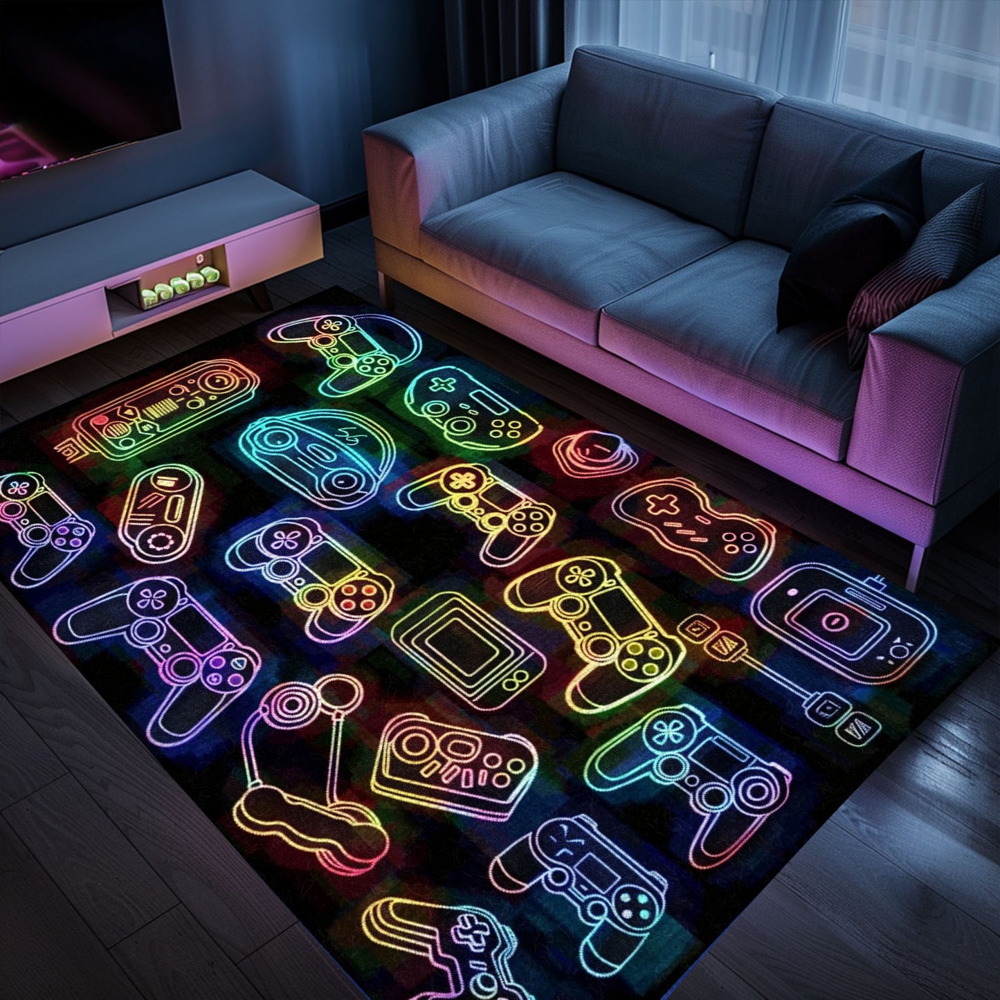 Dive into Gaming Paradise with Dark and Neon 80s Arcade NES Game 8bit Area Rug, Elevating Your Gaming Experience, Arcade Decor, Gift for Gamers, Video Game Lovers G260