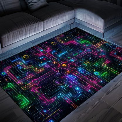 Transport Yourself to the Golden Age of Gaming with Dark and Neon 80s Arcade NES Game 8bit Area Rug, Perfect for Arcade Vibes, Arcade Decor, Gift for Gamers, Video Game Lovers G253