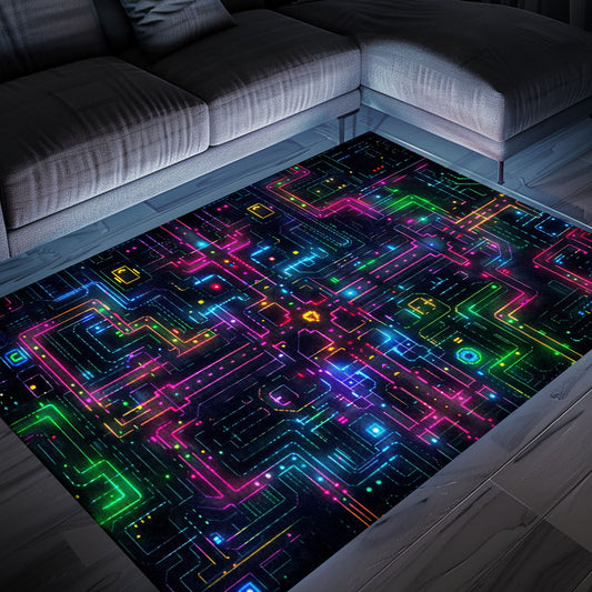 Transport Yourself to the Golden Age of Gaming with Dark and Neon 80s Arcade NES Game 8bit Area Rug, Perfect for Arcade Vibes, Arcade Decor, Gift for Gamers, Video Game Lovers G253
