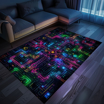 Transport Yourself to the Golden Age of Gaming with Dark and Neon 80s Arcade NES Game 8bit Area Rug, Perfect for Arcade Vibes, Arcade Decor, Gift for Gamers, Video Game Lovers G253