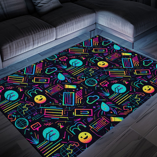 Immerse Yourself in Retro Gaming Paradise with Dark and Neon 80s Arcade NES Game 8bit Area Rug, Ideal for Gamers, Arcade Decor, Gift for Gamers, Video Game Lovers G244