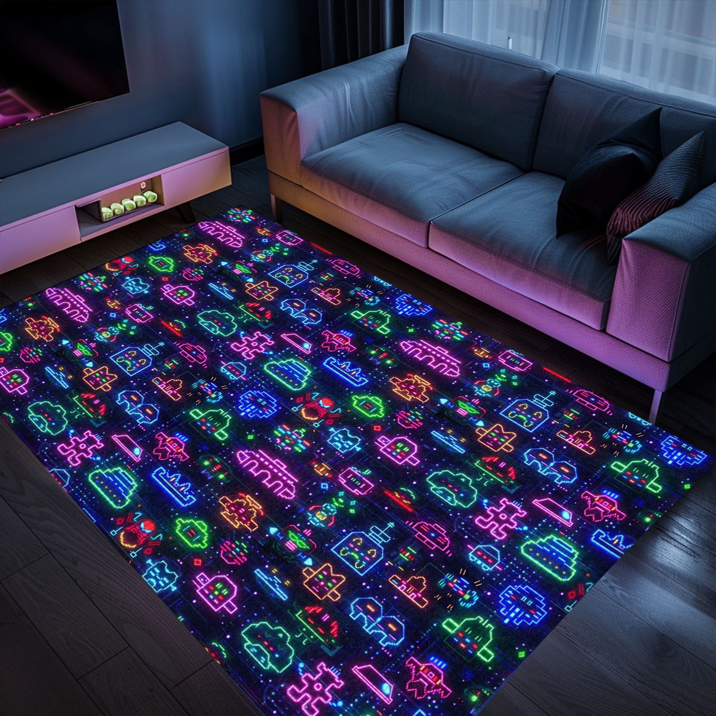 Dark and Neon 80s Arcade NES Game 8bit Rugs: The Ultimate Decor for Video Game Aficionados, Arcade Decor, Gift for Gamers, Video Game Lovers G359