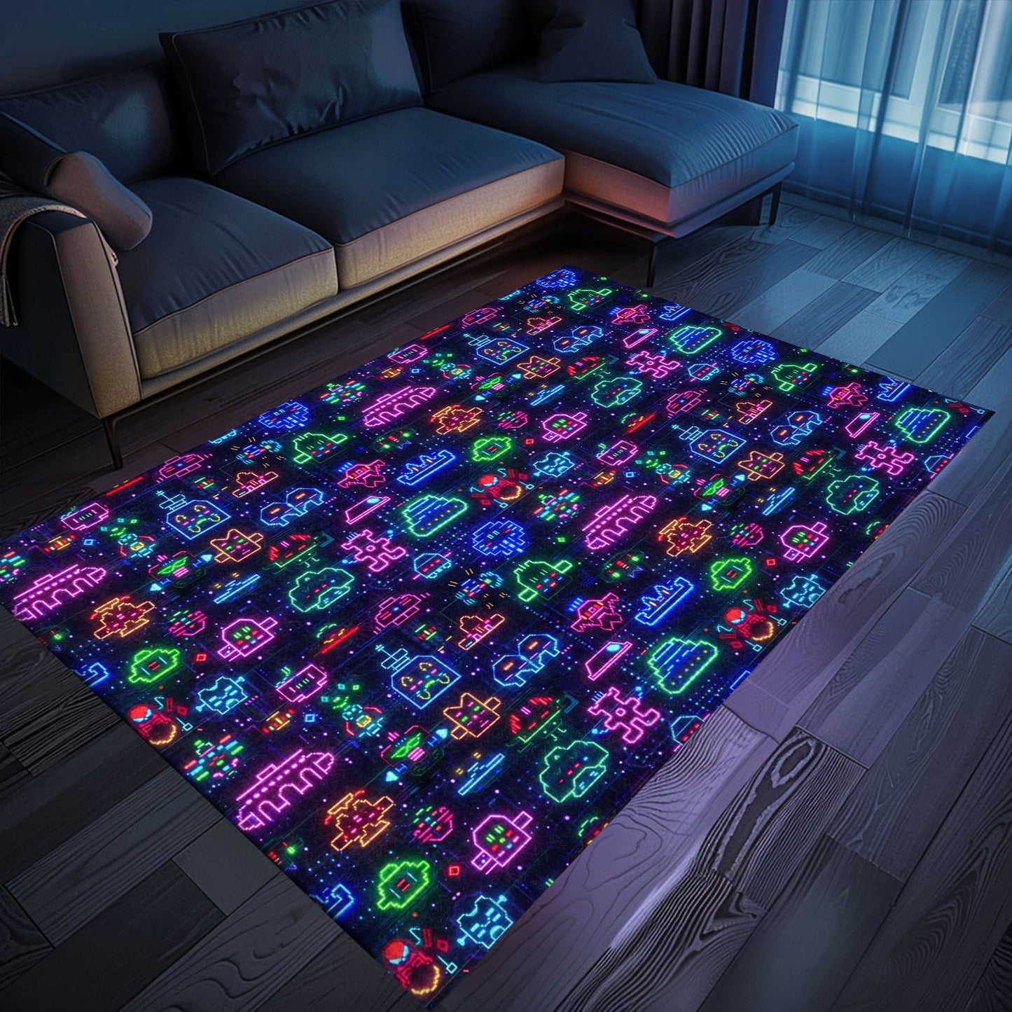 Dark and Neon 80s Arcade NES Game 8bit Rugs: The Ultimate Decor for Video Game Aficionados, Arcade Decor, Gift for Gamers, Video Game Lovers G359