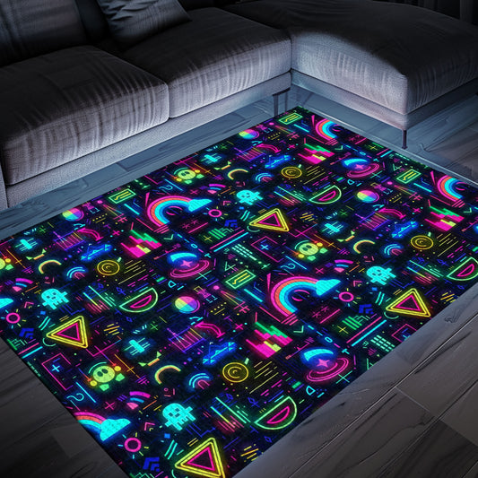 Step into Retro Gaming Paradise with Dark and Neon 80s Arcade NES Game 8bit Rugs, Arcade Decor, Gift for Gamers, Video Game Lovers G358
