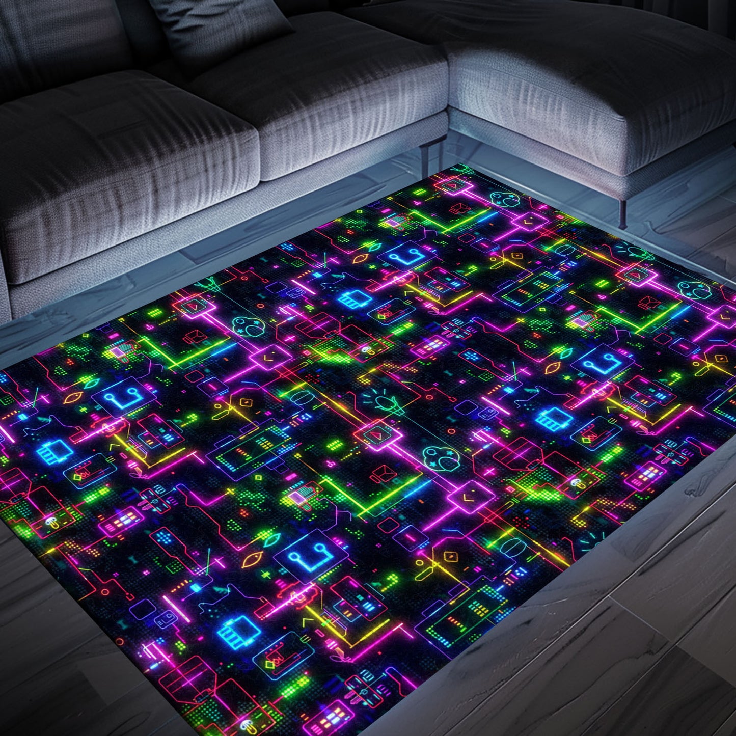 Bring the Arcade Home with Dark and Neon 80s Arcade NES Game 8bit Rugs: Perfect for Gamers, Arcade Decor, Gift for Gamers, Video Game Lovers G356