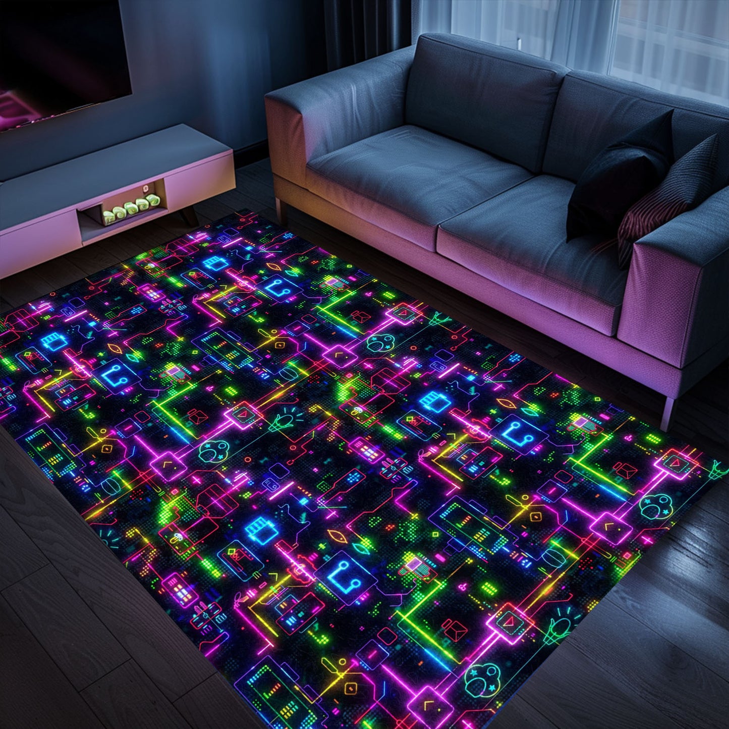 Bring the Arcade Home with Dark and Neon 80s Arcade NES Game 8bit Rugs: Perfect for Gamers, Arcade Decor, Gift for Gamers, Video Game Lovers G356