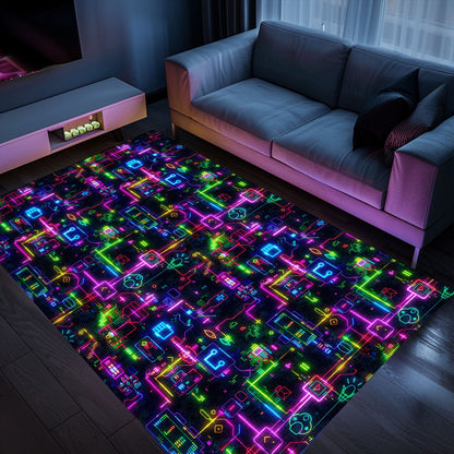 Bring the Arcade Home with Dark and Neon 80s Arcade NES Game 8bit Rugs: Perfect for Gamers, Arcade Decor, Gift for Gamers, Video Game Lovers G356