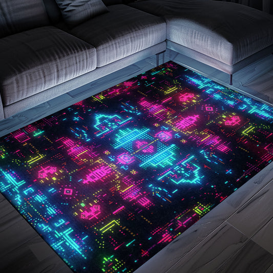 Dark and Neon 80s Arcade NES Game 8bit Rugs: Revamp Your Living Space with Retro Flair, Arcade Decor, Gift for Gamers, Video Game Lovers G355