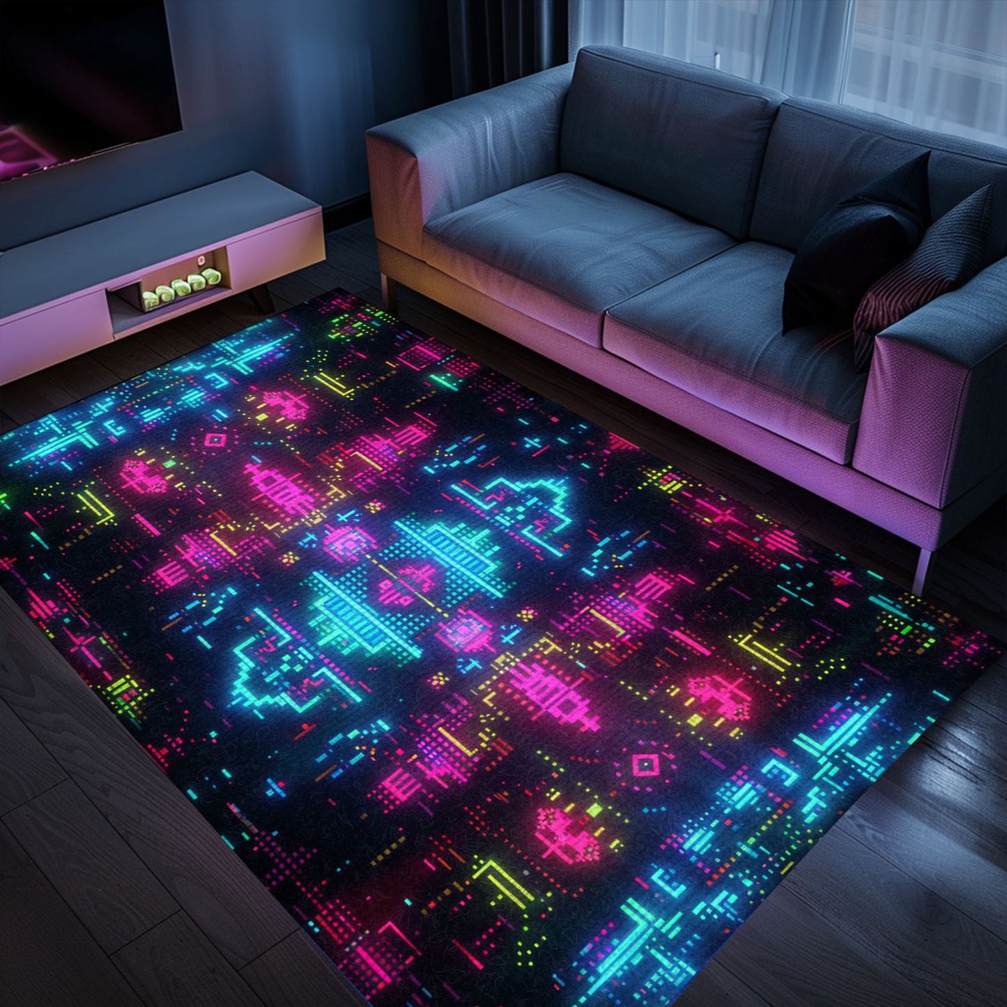 Dark and Neon 80s Arcade NES Game 8bit Rugs: Revamp Your Living Space with Retro Flair, Arcade Decor, Gift for Gamers, Video Game Lovers G355