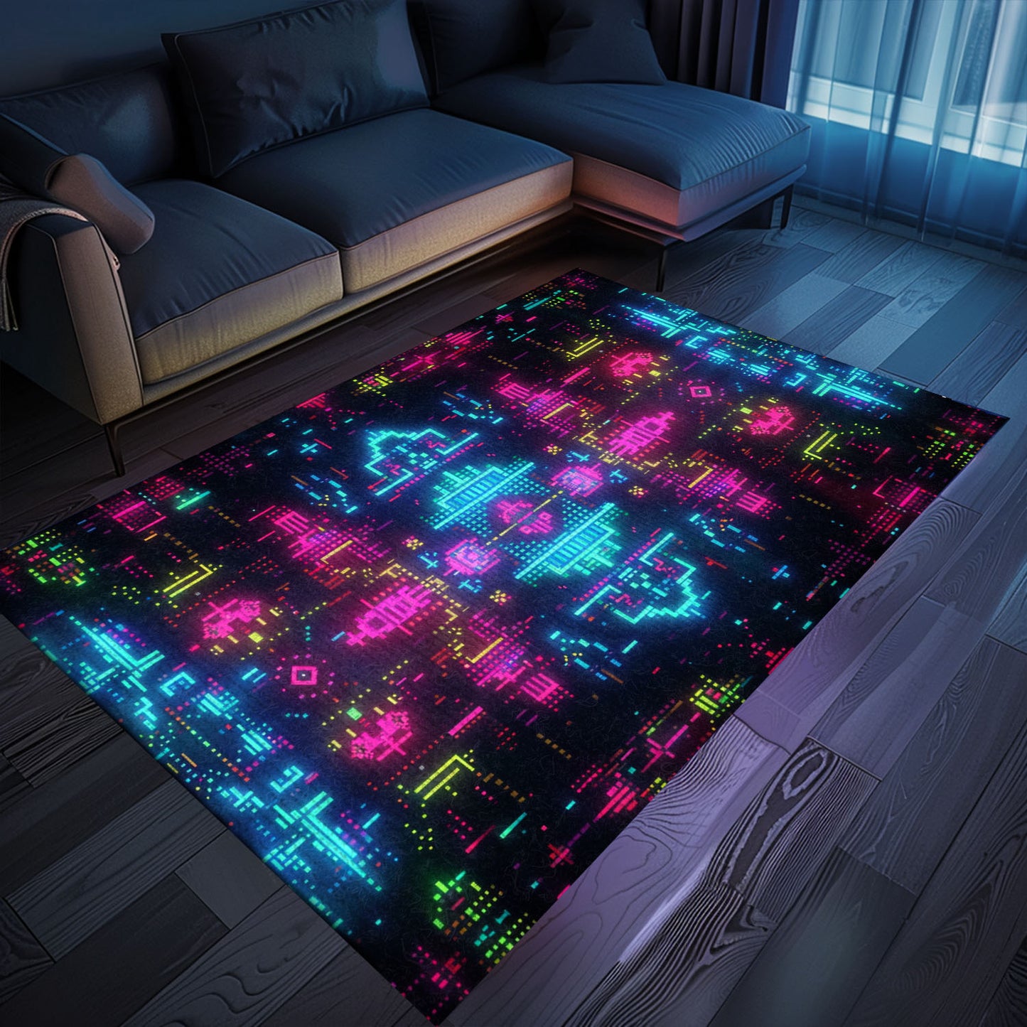 Dark and Neon 80s Arcade NES Game 8bit Rugs: Revamp Your Living Space with Retro Flair, Arcade Decor, Gift for Gamers, Video Game Lovers G355