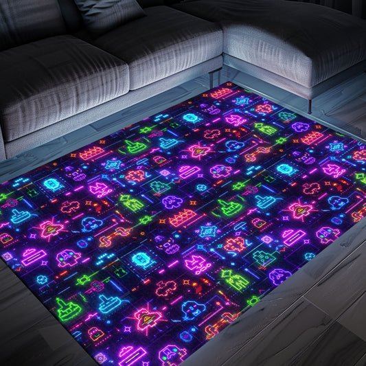 Level Up Your Home Decor with Dark and Neon 80s Arcade NES Game 8bit Rugs, Arcade Decor, Gift for Gamers, Video Game Lovers G354