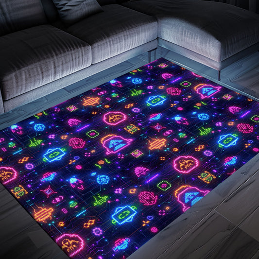 Infuse Your Living Space with Classic Gaming Vibes Using Dark and Neon 80s Arcade NES Game 8bit Rugs, Arcade Decor, Gift for Gamers, Video Game Lovers G360
