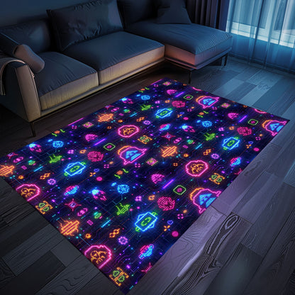 Infuse Your Living Space with Classic Gaming Vibes Using Dark and Neon 80s Arcade NES Game 8bit Rugs, Arcade Decor, Gift for Gamers, Video Game Lovers G360
