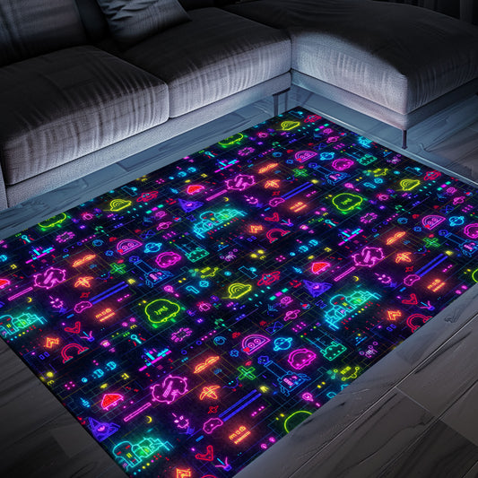 Immerse Yourself in Retro Gaming Bliss with Dark and Neon 80s Arcade NES Game 8bit Rugs, Arcade Decor, Gift for Gamers, Video Game Lovers G348