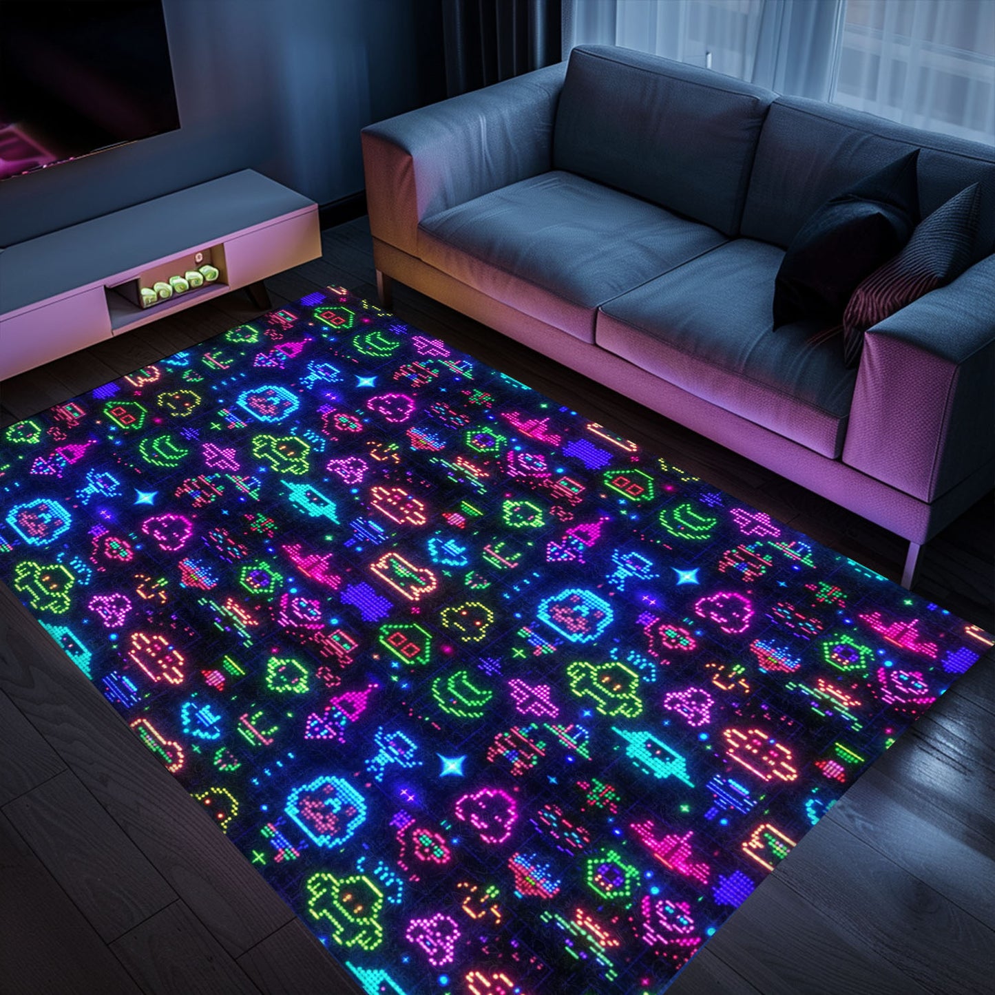 Dark and Neon 80s Arcade NES Game 8bit Rugs: The Ultimate Gift for Video Game Enthusiasts, Arcade Decor, Gift for Gamers, Video Game Lovers G344