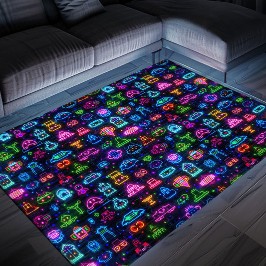 Dive into Retro Gaming Culture with Dark and Neon 80s Arcade NES Game 8bit Rugs for Living Room and Bedroom, Arcade Decor, Gift for Gamers, Video Game Lovers G343