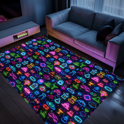 Dive into Retro Gaming Culture with Dark and Neon 80s Arcade NES Game 8bit Rugs for Living Room and Bedroom, Arcade Decor, Gift for Gamers, Video Game Lovers G343