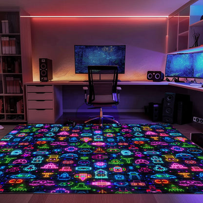 Dive into Retro Gaming Culture with Dark and Neon 80s Arcade NES Game 8bit Rugs for Living Room and Bedroom, Arcade Decor, Gift for Gamers, Video Game Lovers G343