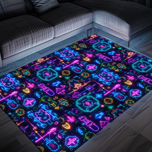 Elevate Your Gaming Space with Dark and Neon 80s Arcade NES Game 8bit Rugs for Living Room and Bedroom, Arcade Decor, Gift for Gamers, Video Game Lovers G341