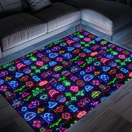 Elevate Your Gaming Den with Dark and Neon 80s Arcade NES Game 8bit Rugs: A Gamer's Dream, Arcade Decor, Gift for Gamers, Video Game Lovers G340