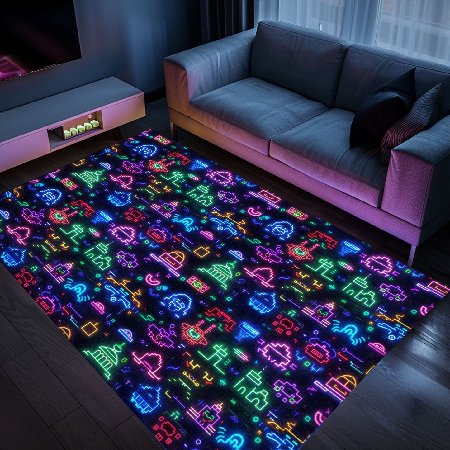 Spruce Up Your Living Room and Bedroom with Dark and Neon 80s Arcade NES Game 8bit Rugs, Arcade Decor, Gift for Gamers, Video Game Lovers G349